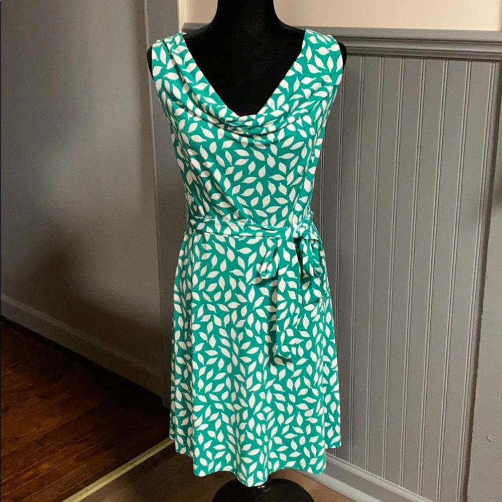 LOFT Green Leaf Print Cowl Neck Sleeveless Dress